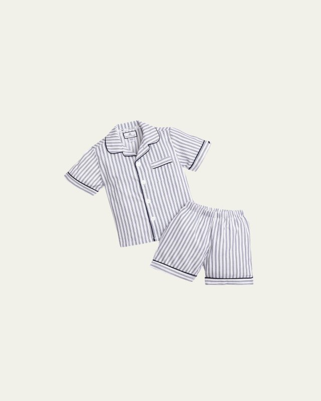 Boy's French Ticking Striped Pajama Set w/ Contrast Piping, Size 6M-14